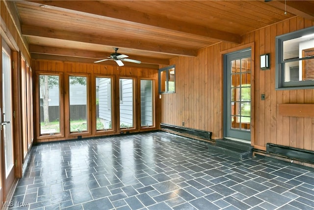 8848 King Graves Rd NE, Warren, OH 44484 - unfurnished sunroom with a baseboard radiator, french doors, wood ceiling with exposed beams, and wood walls