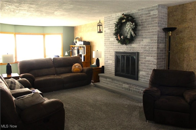 230 Rivercrest Dr, Coshocton, OH 43812 - carpeted living room with a fireplace and a textured ceiling