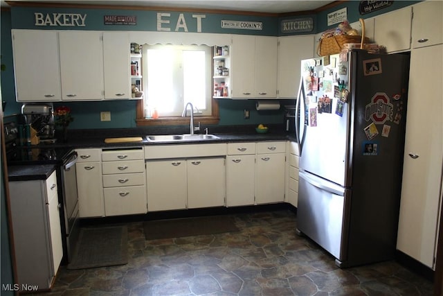 230 Rivercrest Dr, Coshocton, OH 43812 - kitchen with stainless steel appliances, open shelves, a sink, and dark countertops