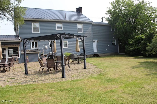 230 Rivercrest Dr, Coshocton, OH 43812 - back of property featuring a pergola, a chimney, a lawn, entry steps, and metal roof