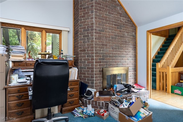 118 Steeplechase Ln, Munroe Falls, OH 44262 - office area with vaulted ceiling, a fireplace, and carpet floors