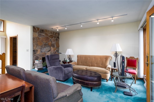 118 Steeplechase Ln, Munroe Falls, OH 44262 - living room with rail lighting, carpet floors, and a fireplace