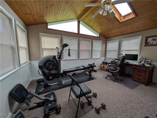 46340 Township Rd Unit 1208, Coshocton, OH 43812 - exercise area with ceiling fan, lofted ceiling, carpet floors, wooden ceiling, and a skylight