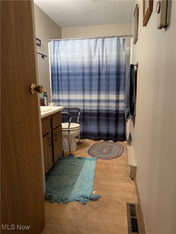 46340 Township Rd Unit 1208, Coshocton, OH 43812 - full bath featuring wood finished floors, vanity, toilet, a shower with curtain, and baseboards