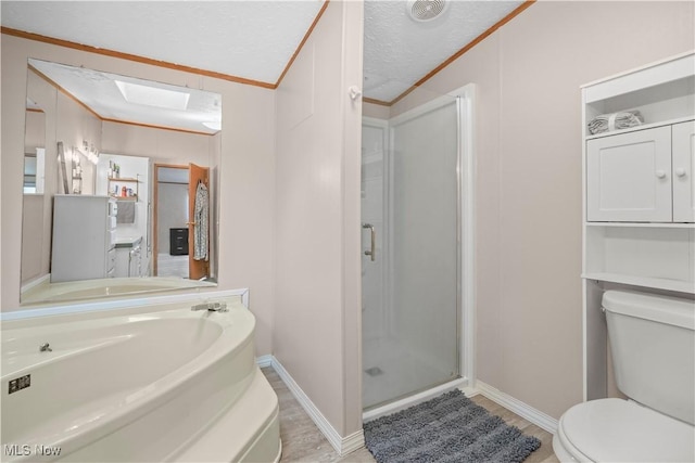 3764 US Highway 224 E Lot 92, Greenwich, OH 44837 - bathroom with crown molding, a stall shower, toilet, a bath, and baseboards