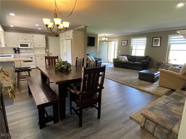 14035 Dover Rd, Apple Creek, OH 44606 - dining room featuring a chandelier, ornamental molding, dark wood finished floors, and recessed lighting