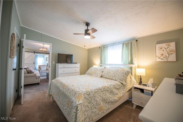 5725 Joleda Dr SW, Canton, OH 44706 - carpeted bedroom featuring ornamental molding, multiple windows, vaulted ceiling, a textured ceiling, and ceiling fan