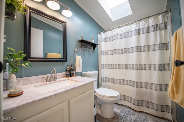 5725 Joleda Dr SW, Canton, OH 44706 - bathroom featuring a skylight, toilet, lofted ceiling, vanity, and a shower with curtain