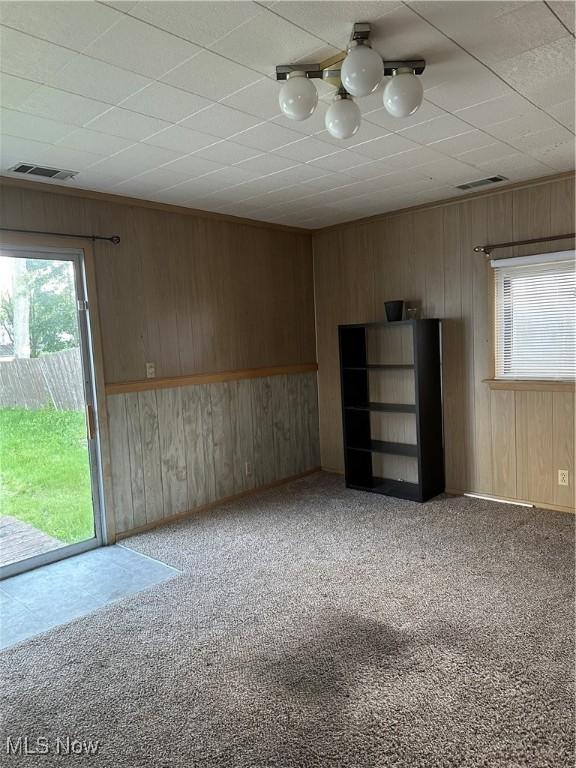 1937 Highlawn Ave, Youngstown, OH 44509 - unfurnished room featuring healthy amount of natural light, wood walls, light colored carpet, a drop ceiling, and baseboards