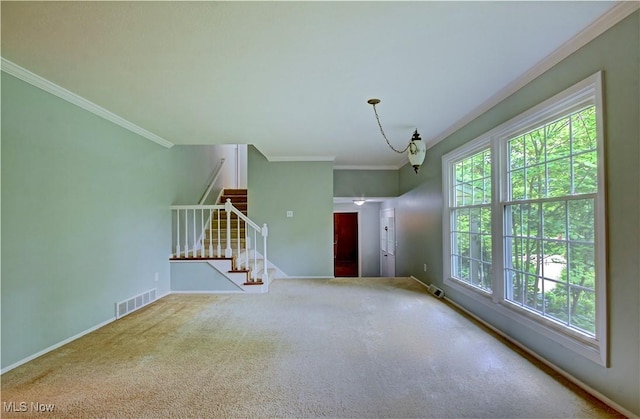 29590 Broxbourne Rd, North Olmsted, OH 44070 - unfurnished living room featuring stairway, crown molding, carpet, and baseboards