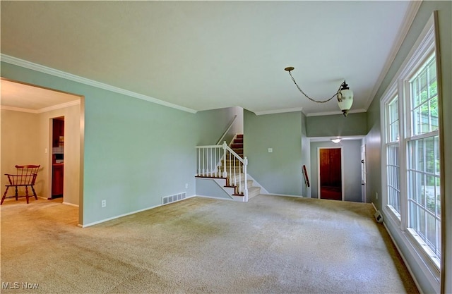 29590 Broxbourne Rd, North Olmsted, OH 44070 - spare room with crown molding, stairs, carpet flooring, and baseboards