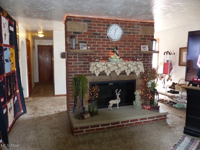 988 E Turkeyfoot Lake Rd, Green, OH 44312 - living room with a brick fireplace, carpet floors, and a textured ceiling