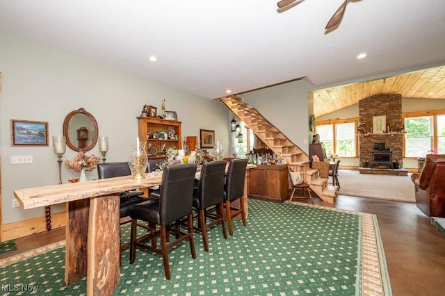 24416 Mountz Rd, Homeworth, OH 44634 - dining area with stairway, vaulted ceiling, recessed lighting, and ceiling fan