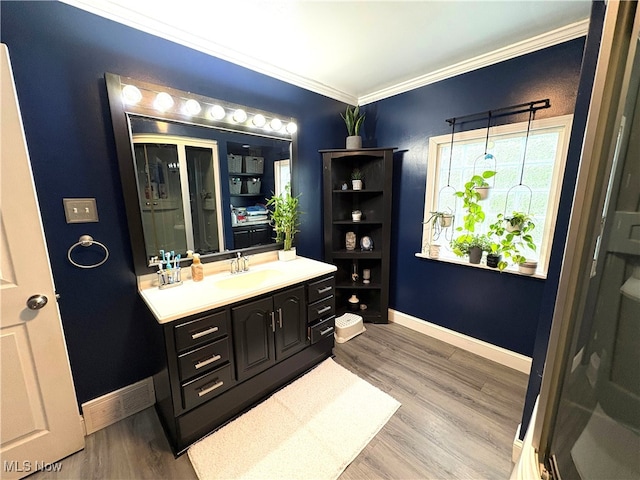 1720 Blosser Ln, Follansbee, WV 26037 - bathroom featuring vanity, crown molding, baseboards, and wood finished floors