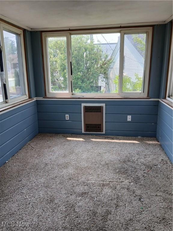 230 E 211th St, Euclid, OH 44123 - unfurnished room with plenty of natural light, carpet floors, heating unit, and wooden walls