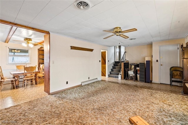 12873 Unity Rd, New Springfield, OH 44443 - unfurnished living room with a ceiling fan, a baseboard heating unit, stairway, and tile patterned floors