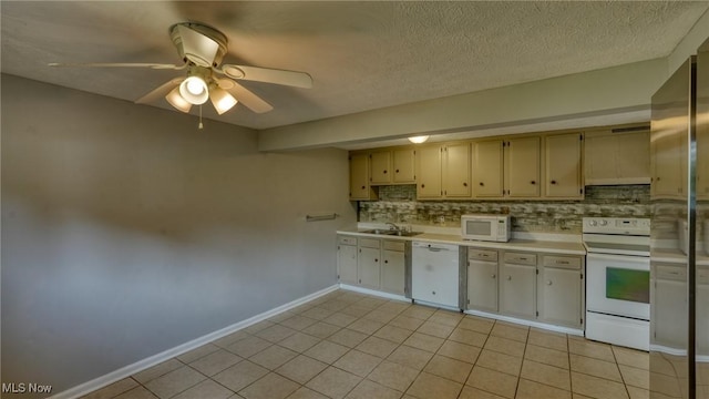 62253 Forestview Dr, Cambridge, OH 43725 - kitchen with white appliances, light countertops, backsplash, ceiling fan, and light tile patterned floors