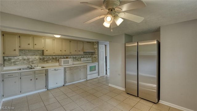 62253 Forestview Dr, Cambridge, OH 43725 - kitchen with white appliances, light countertops, a sink, a ceiling fan, and decorative backsplash