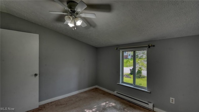 62253 Forestview Dr, Cambridge, OH 43725 - carpeted empty room featuring a baseboard heating unit, a textured ceiling, baseboards, and ceiling fan