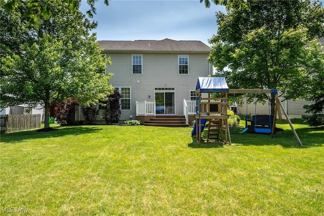 3079 Landing Ln, Reminderville, OH 44202 - back of property featuring a playground and a wooden deck