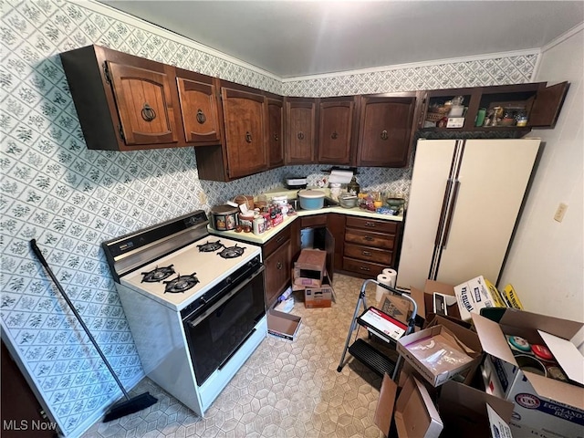 156 Andover Rd, Woodsfield, OH 43793 - kitchen featuring range with gas stovetop, freestanding refrigerator, dark brown cabinets, light countertops, and light floors