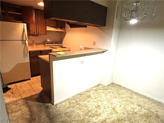 2540 N River Rd NE Unit C7, Warren, OH 44483 - kitchen featuring white appliances, under cabinet range hood, open shelves, light colored carpet, and light countertops