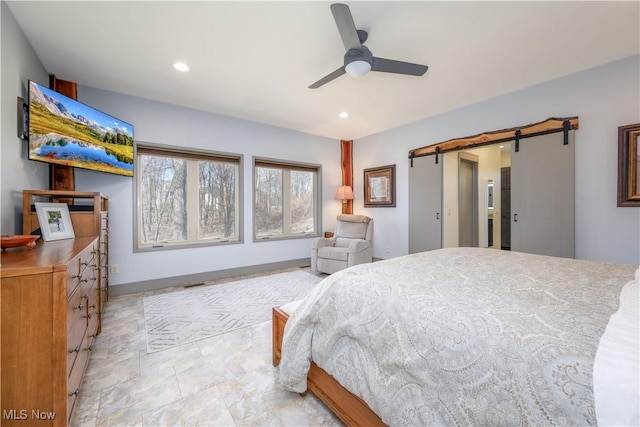 4340 Castlegate Blvd, Uniontown, OH 44685 - bedroom featuring a barn door, recessed lighting, and ceiling fan