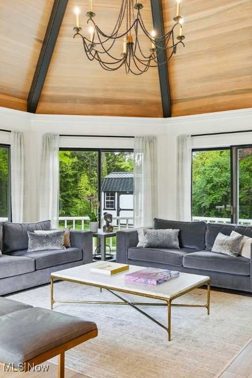 19 Brandywood Dr, Pepper Pike, OH 44124 - living area featuring wooden ceiling with exposed beams, a chandelier, and healthy amount of natural light
