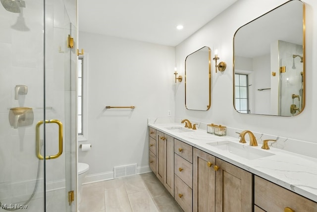 19 Brandywood Dr, Pepper Pike, OH 44124 - full bathroom with double vanity, a shower stall, tile patterned floors, and baseboards