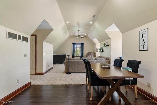 5495 Meese Rd NE, Louisville, OH 44641 - dining space featuring baseboards, vaulted ceiling, wood finished floors, ceiling fan, and recessed lighting