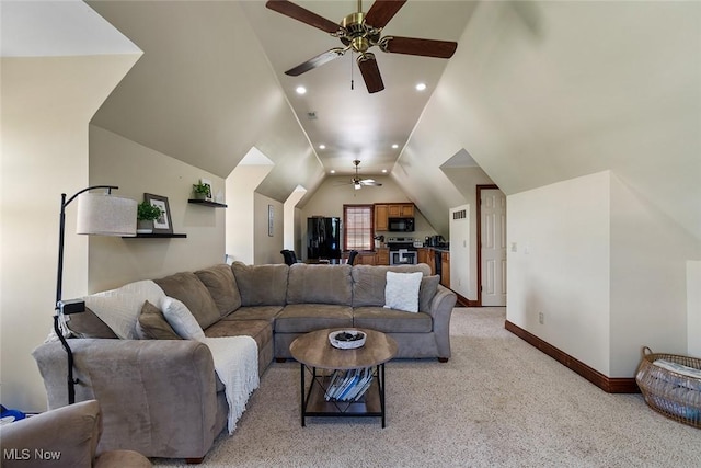 5495 Meese Rd NE, Louisville, OH 44641 - living area featuring ceiling fan, lofted ceiling, recessed lighting, light carpet, and baseboards