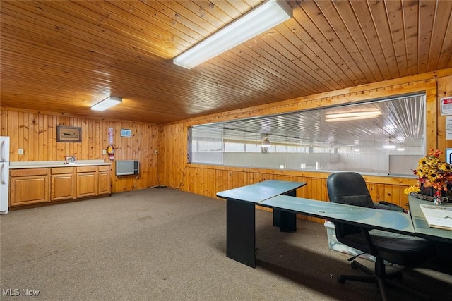 5495 Meese Rd NE, Louisville, OH 44641 - office area featuring wooden walls, wood ceiling, and light carpet