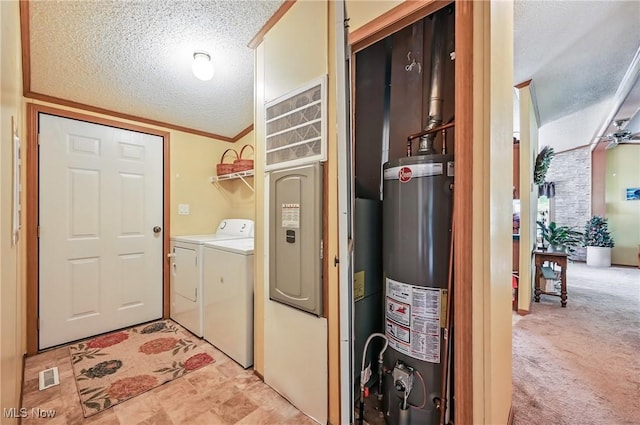 1270 S Lincoln Ave Unit A, Salem, OH 44460 - laundry room with water heater, separate washer and dryer, a textured ceiling, and light carpet