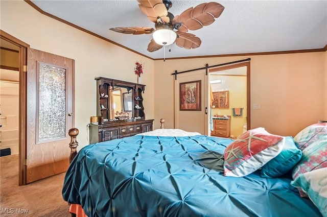 1270 S Lincoln Ave Unit A, Salem, OH 44460 - bedroom featuring a barn door, crown molding, carpet, ensuite bath, and ceiling fan