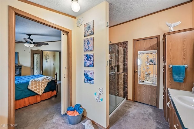 1270 S Lincoln Ave Unit A, Salem, OH 44460 - full bathroom with ensuite bathroom, vanity, a stall shower, a textured ceiling, and a ceiling fan