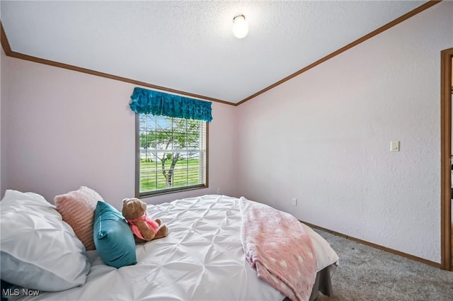 1270 S Lincoln Ave Unit A, Salem, OH 44460 - bedroom featuring crown molding, lofted ceiling, carpet flooring, a textured ceiling, and baseboards