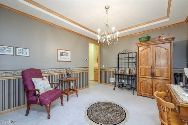 536 Silver Creek Dr, Doylestown, OH 44230 - sitting room with ornamental molding, a tray ceiling, a chandelier, carpet floors, and a desk