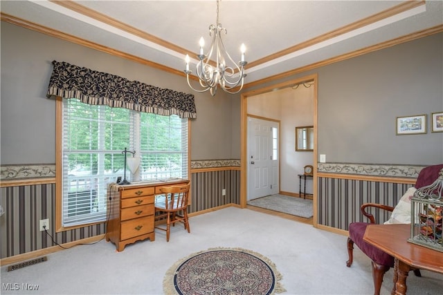 536 Silver Creek Dr, Doylestown, OH 44230 - carpeted office with crown molding, a chandelier, wainscoting, a raised ceiling, and wallpapered walls