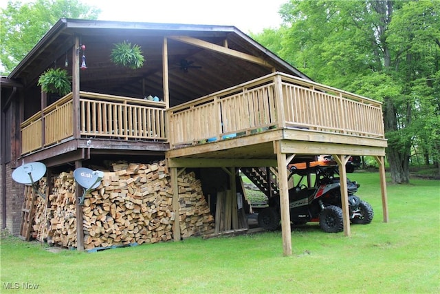 666 E Windsor Rd, Orwell, OH 44076 - view of property exterior featuring a yard, ceiling fan, and a wooden deck