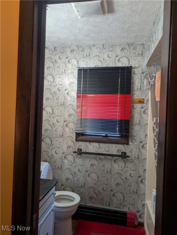 666 E Windsor Rd, Orwell, OH 44076 - bathroom with vanity, toilet, and a textured ceiling