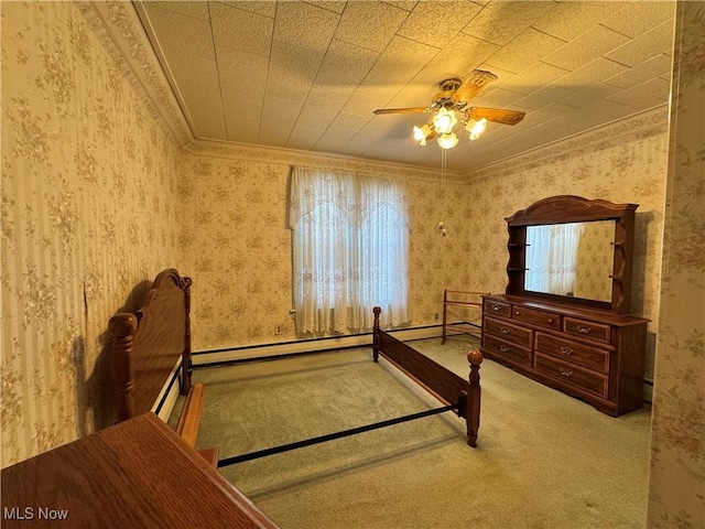 99 W Martin St, East Palestine, OH 44413 - unfurnished bedroom featuring wallpapered walls, a baseboard heating unit, multiple windows, ornamental molding, and carpet floors