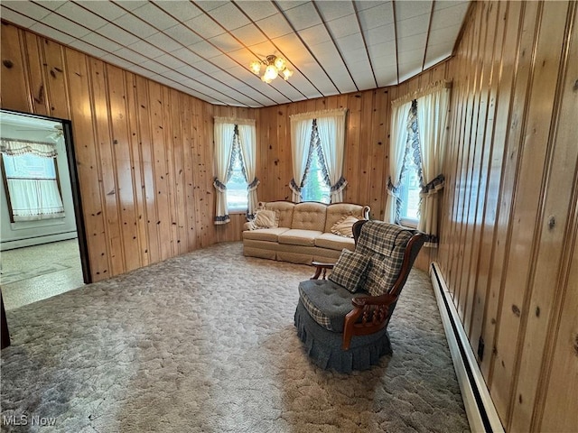 99 W Martin St, East Palestine, OH 44413 - living area with carpet flooring, wooden walls, and a baseboard heating unit