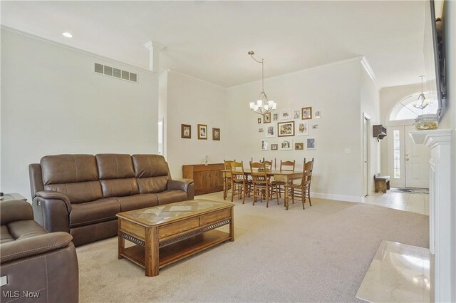1983 Fox Trace Trl, Cuyahoga Falls, OH 44223 - carpeted living room with a chandelier, ornamental molding, and baseboards