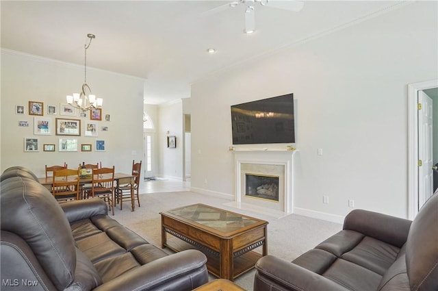 1983 Fox Trace Trl, Cuyahoga Falls, OH 44223 - living room with a chandelier, light colored carpet, ceiling fan, crown molding, and baseboards