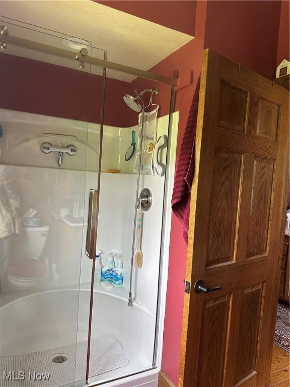 51001 Run Rd, Beallsville, OH 43716 - full bathroom featuring a stall shower and wood finished floors