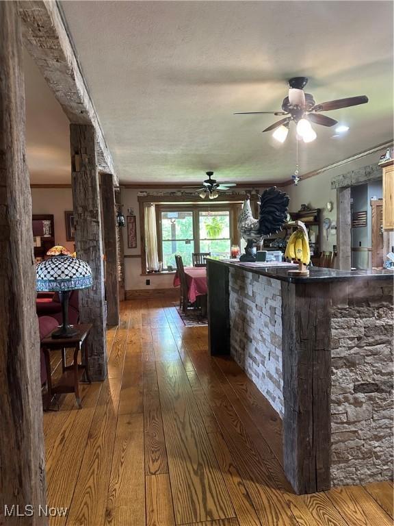 51001 Run Rd, Beallsville, OH 43716 - kitchen featuring hardwood / wood-style flooring, a ceiling fan, ornamental molding, and dark countertops