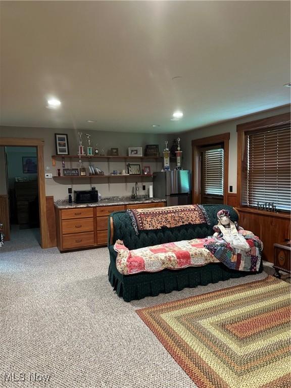 51001 Run Rd, Beallsville, OH 43716 - bedroom with freestanding refrigerator, light carpet, recessed lighting, and a sink
