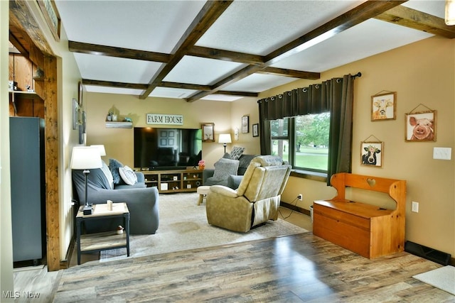 6416 Wilson Sharpsville Rd, Fowler, OH 44418 - living room with wood finished floors, beam ceiling, coffered ceiling, and baseboards