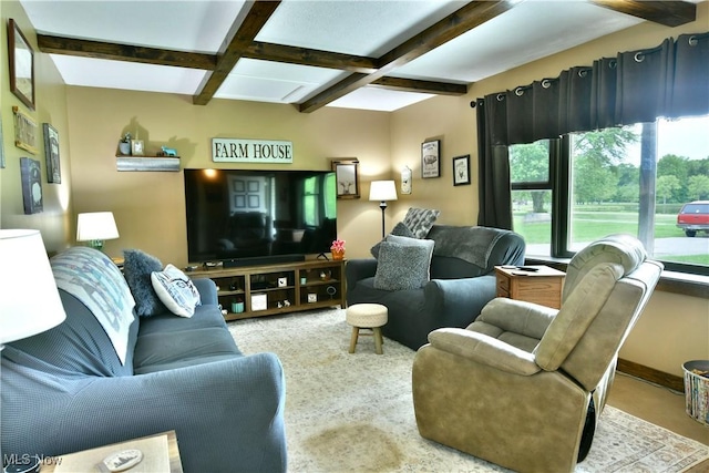 6416 Wilson Sharpsville Rd, Fowler, OH 44418 - living area with beamed ceiling, coffered ceiling, and carpet floors