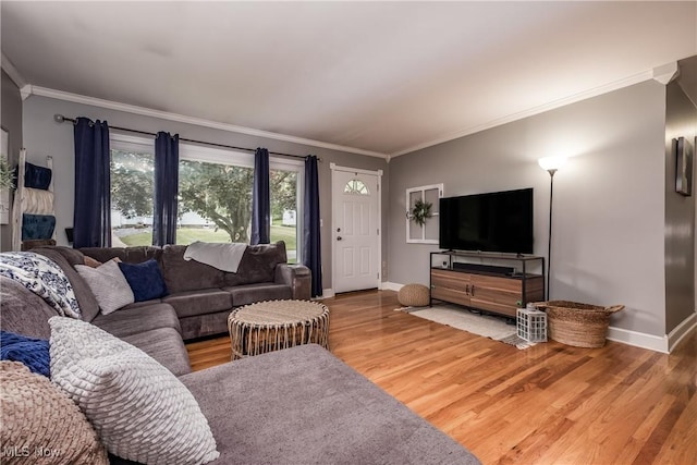 715 Locust St S, Canal Fulton, OH 44614 - living room featuring baseboards, wood finished floors, and ornamental molding